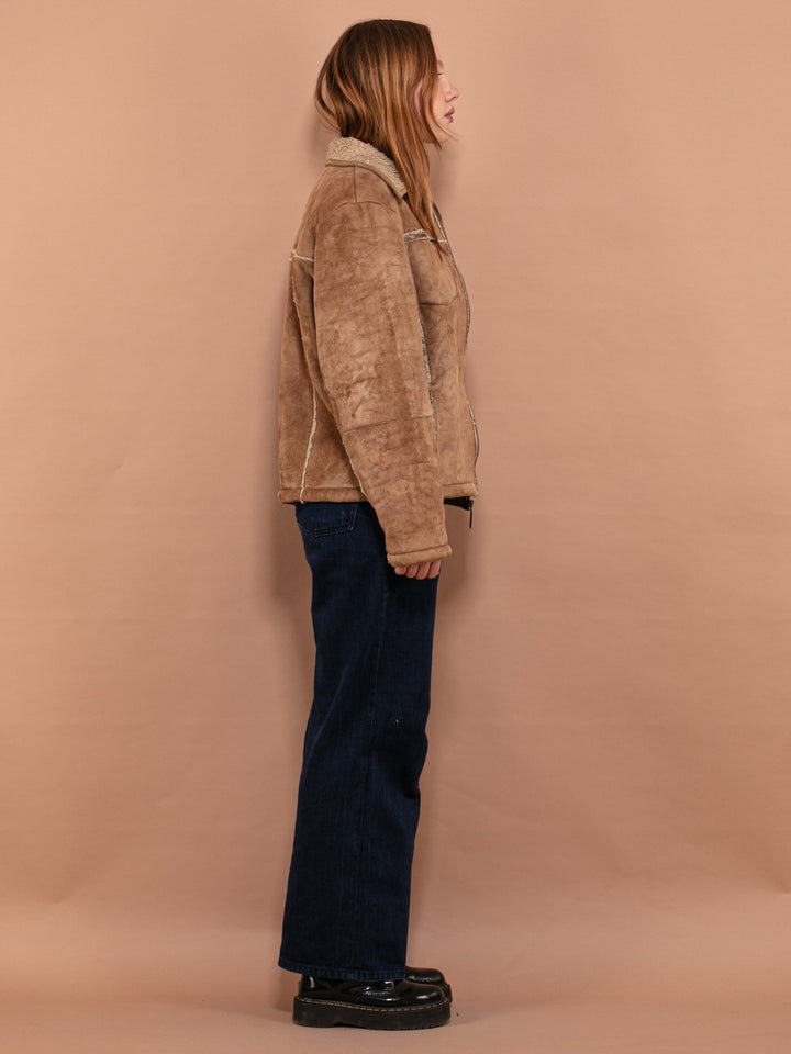 Vintage 90's Women Faux Sheepskin Jacket in Beige - NorthernGrip