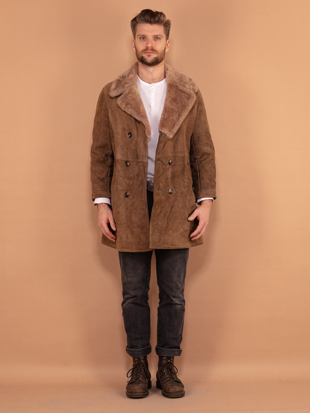 Vintage 70's Men Sheepskin Coat in Beige - NorthernGrip