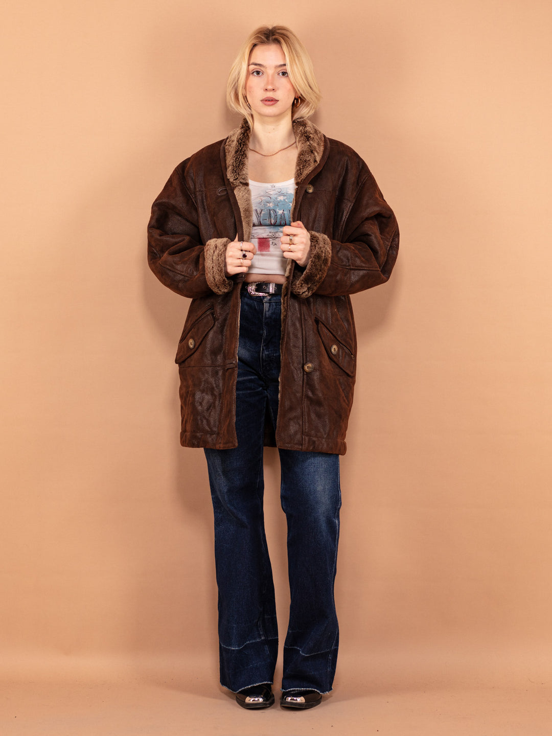 Vintage 80's Women Oversized Sheepskin Coat in Brown - NorthernGrip