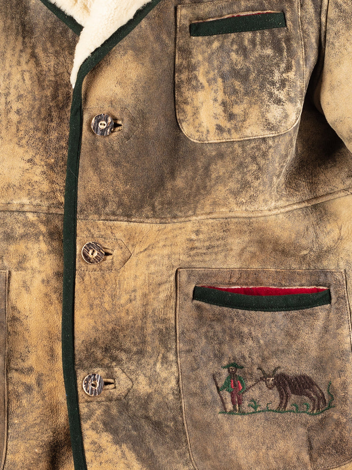 Vintage 80's Men Sheepskin Coat in Khaki