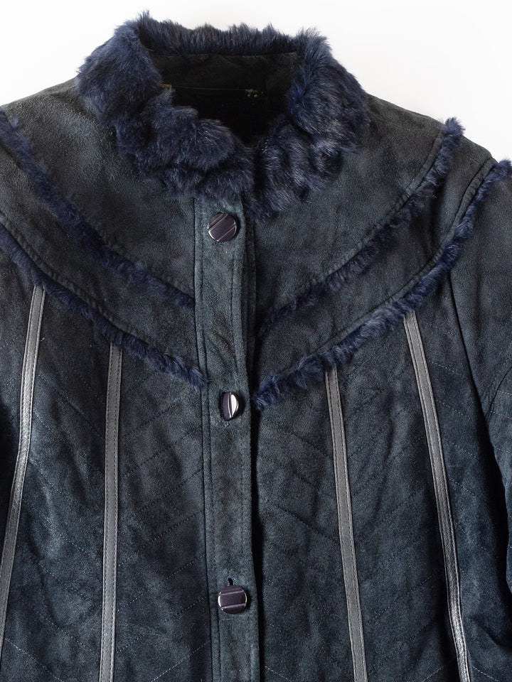 Vintage 80's Women Faux Sheepskin Coat in Blue