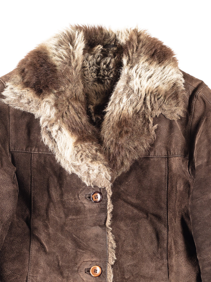 Vintage 90's Women Faux Sheepskin Coat in Brown