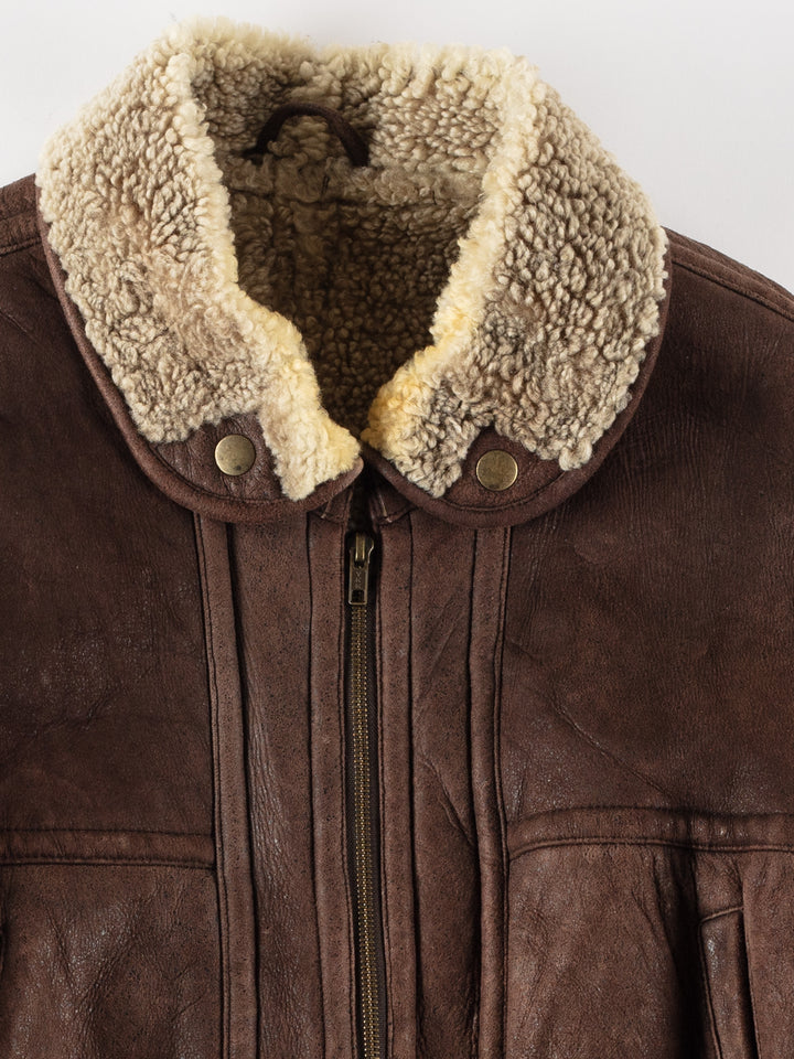 Vintage 80's Men Sheepskin Shearling Jacket in Brown