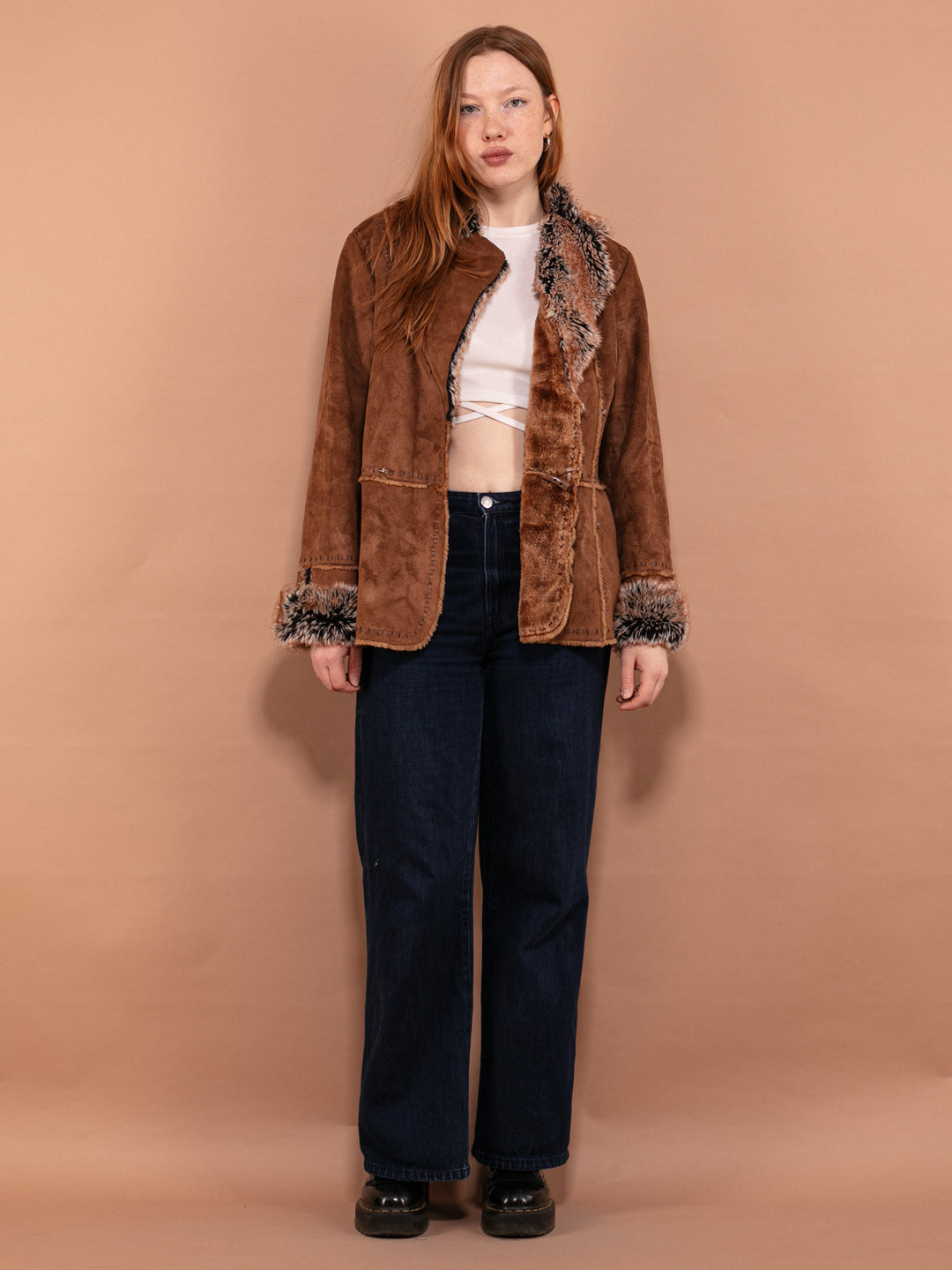 Vintage 90's Women Faux Sheepskin Coat in Brown - NorthernGrip