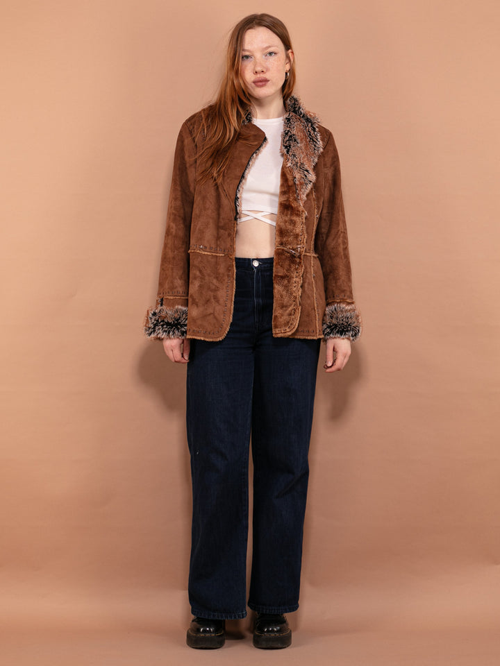 Vintage 90's Women Faux Sheepskin Coat in Brown - NorthernGrip