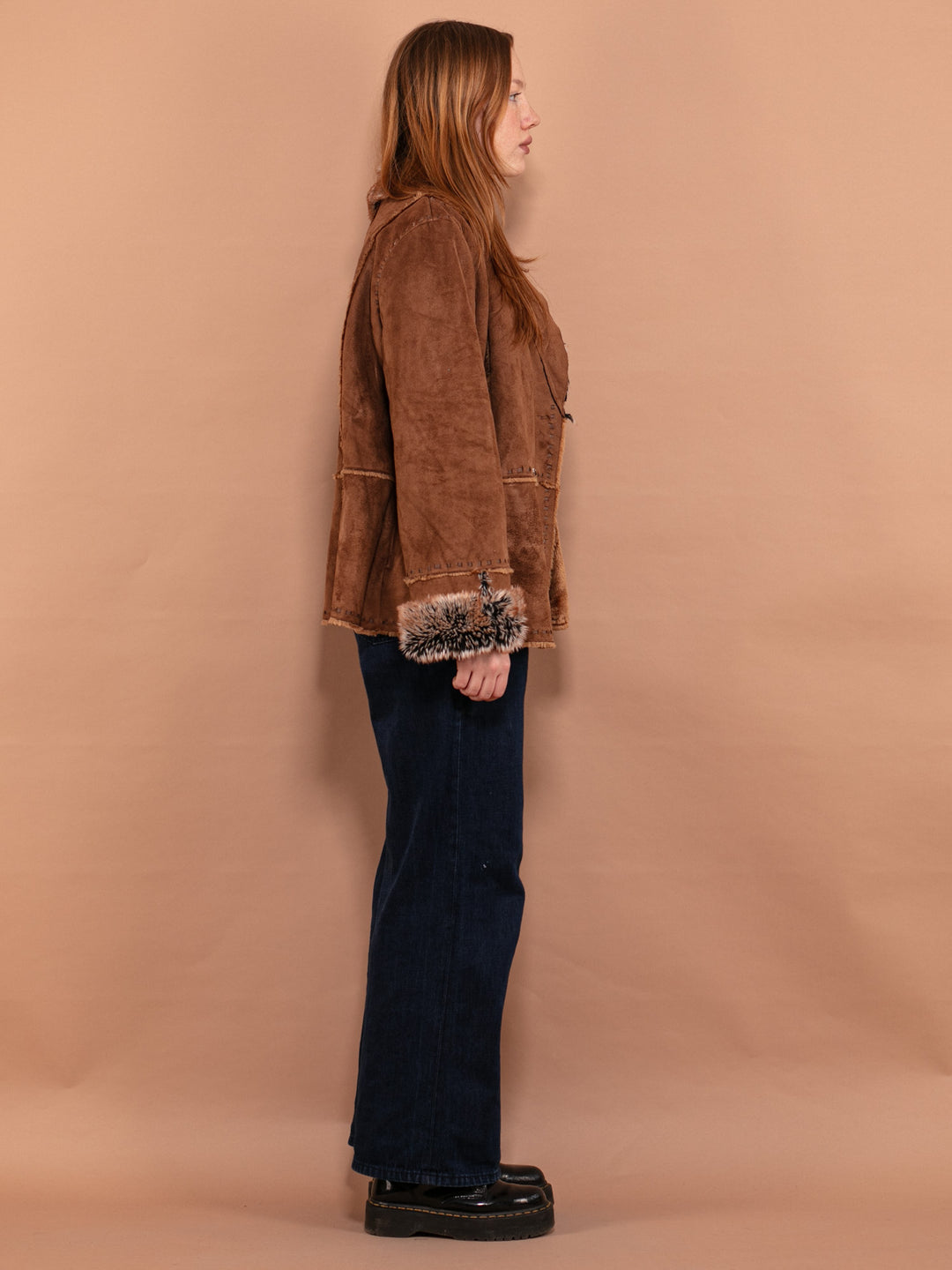 Vintage 90's Women Faux Sheepskin Coat in Brown - NorthernGrip