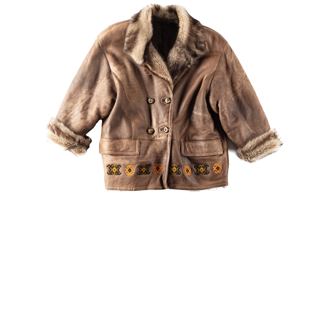Vintage 80's Women Sheepskin Shearling Coat with Embroidery, made in Italy