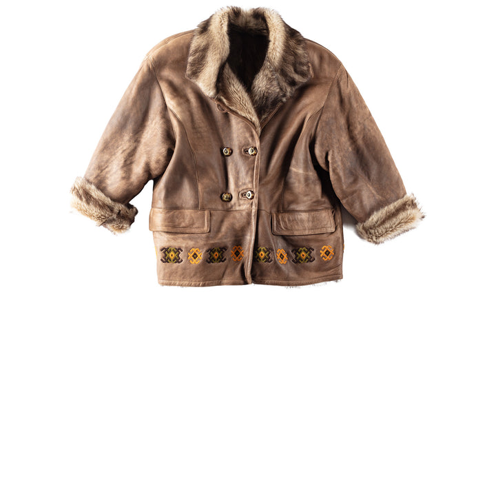 Vintage 80's Women Sheepskin Shearling Coat with Embroidery, made in Italy