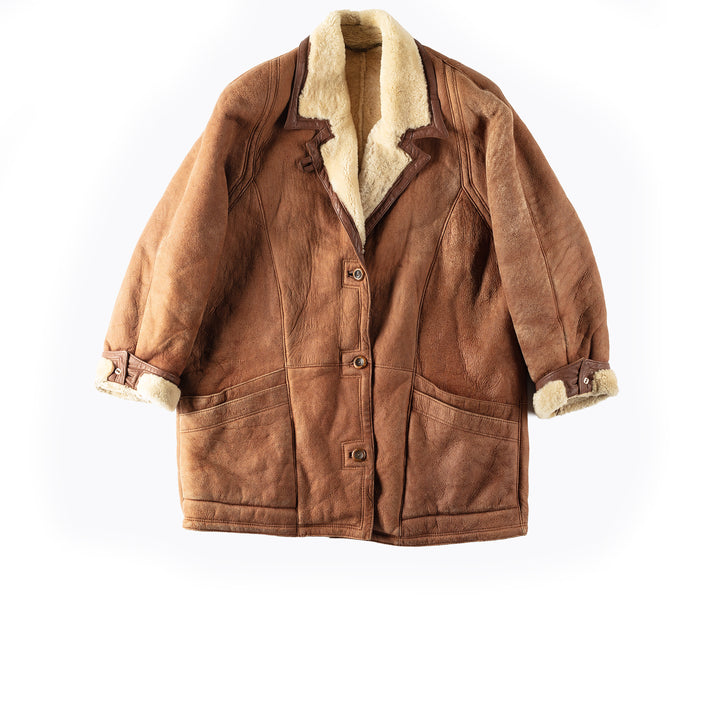 Vintage 80's Women Sheepskin Shearling Coat in Brown