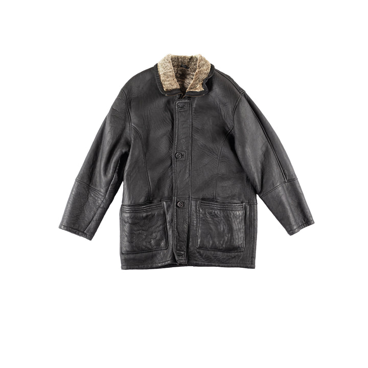 Vintage 80's Men Sheepskin Coat in Black
