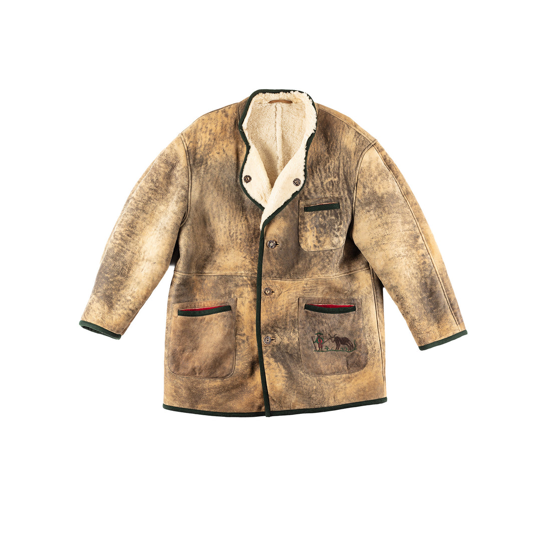 Vintage 80's Men Sheepskin Coat in Khaki