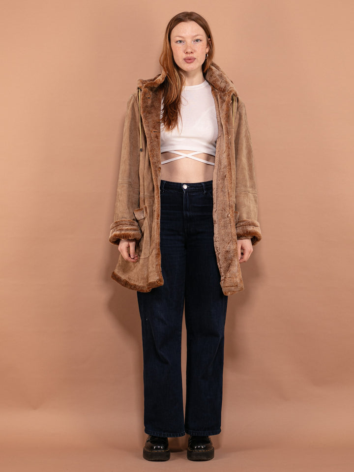 Vintage 90's Hooded Suede Sherpa Coat in Beige - NorthernGrip