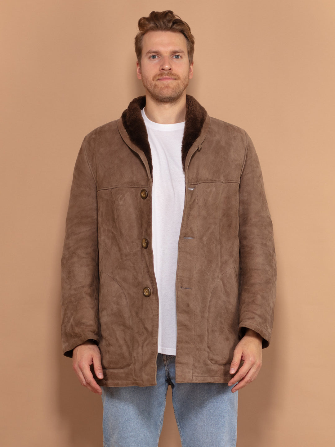 Vintage 70's Men Sheepskin Coat in Beige - NorthernGrip