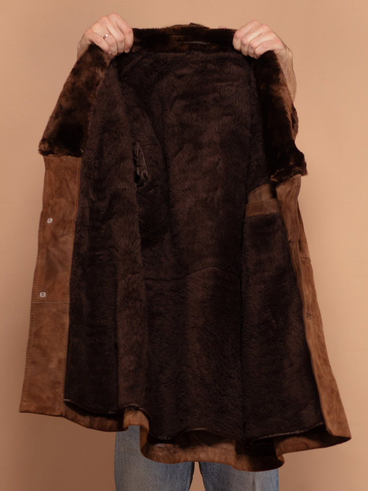 Vintage 70's Men Sherpa Lined Suede Coat in Brown - NorthernGrip