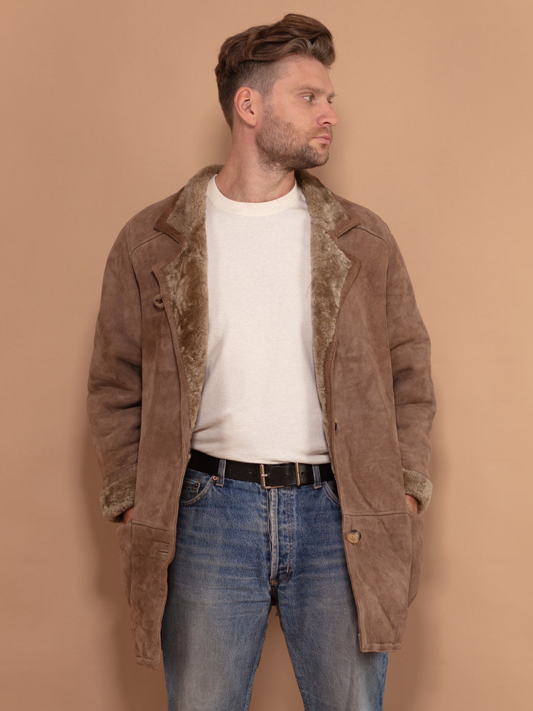Vintage 80's Men Sheepskin Button-Up Coat in Beige - NorthernGrip