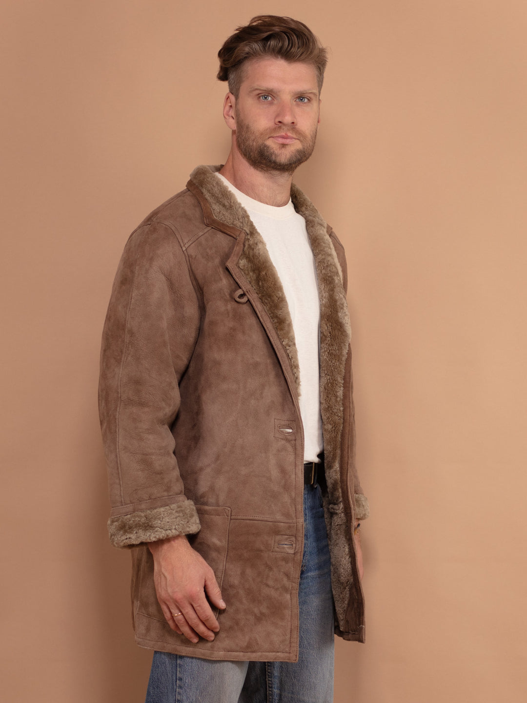 Vintage 80's Men Sheepskin Button-Up Coat in Beige - NorthernGrip
