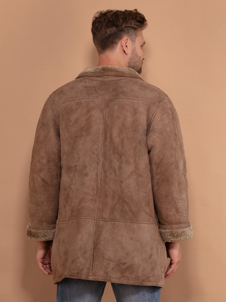 Vintage 80's Men Sheepskin Button-Up Coat in Beige - NorthernGrip