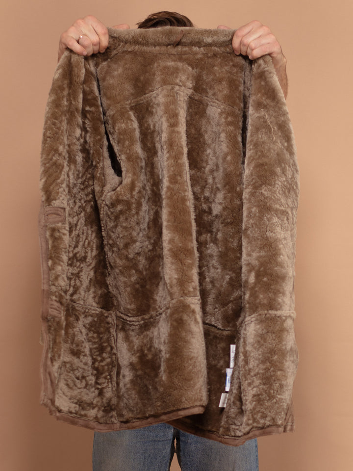 Vintage 80's Men Sheepskin Button-Up Coat in Beige - NorthernGrip