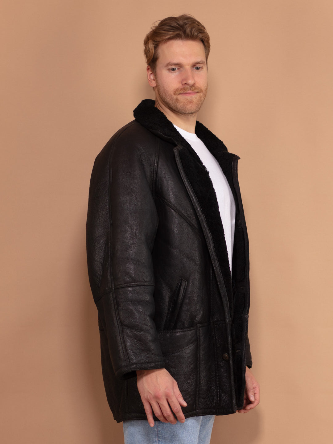 Vintage 80's Men Sheepskin Coat in Black - NorthernGrip