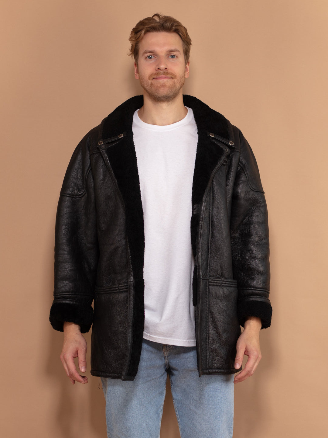 Vintage 80's Men Sheepskin Coat in Black - NorthernGrip