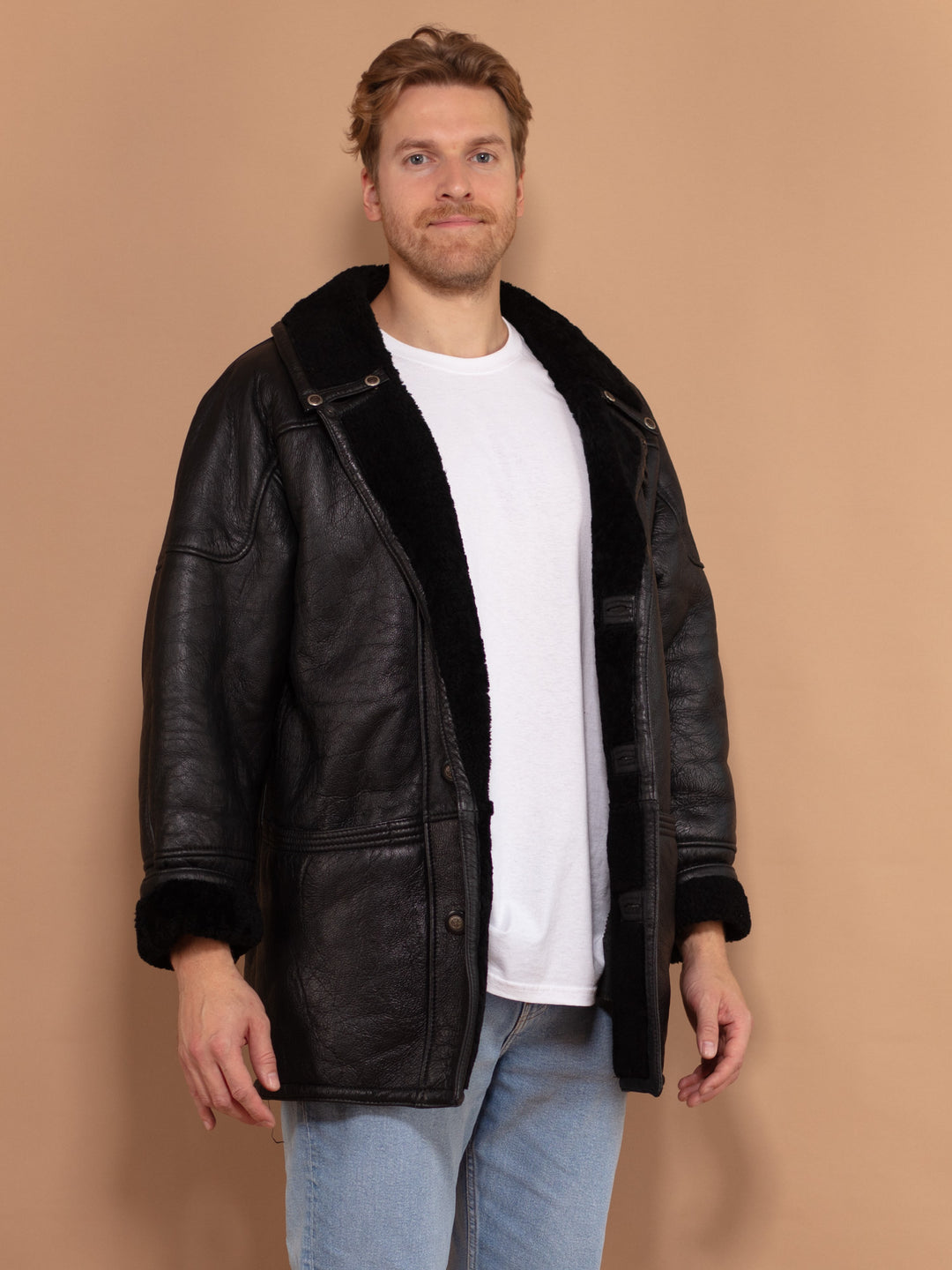 Vintage 80's Men Sheepskin Coat in Black - NorthernGrip