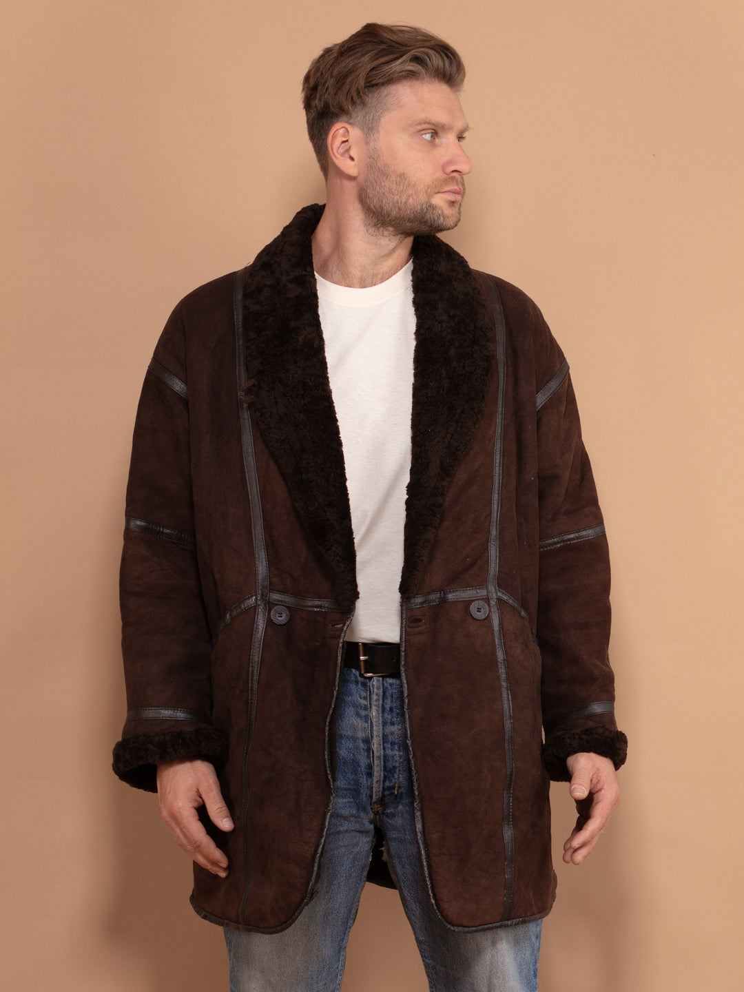 Vintage 80's Men Shearling Coat in Brown - NorthernGrip