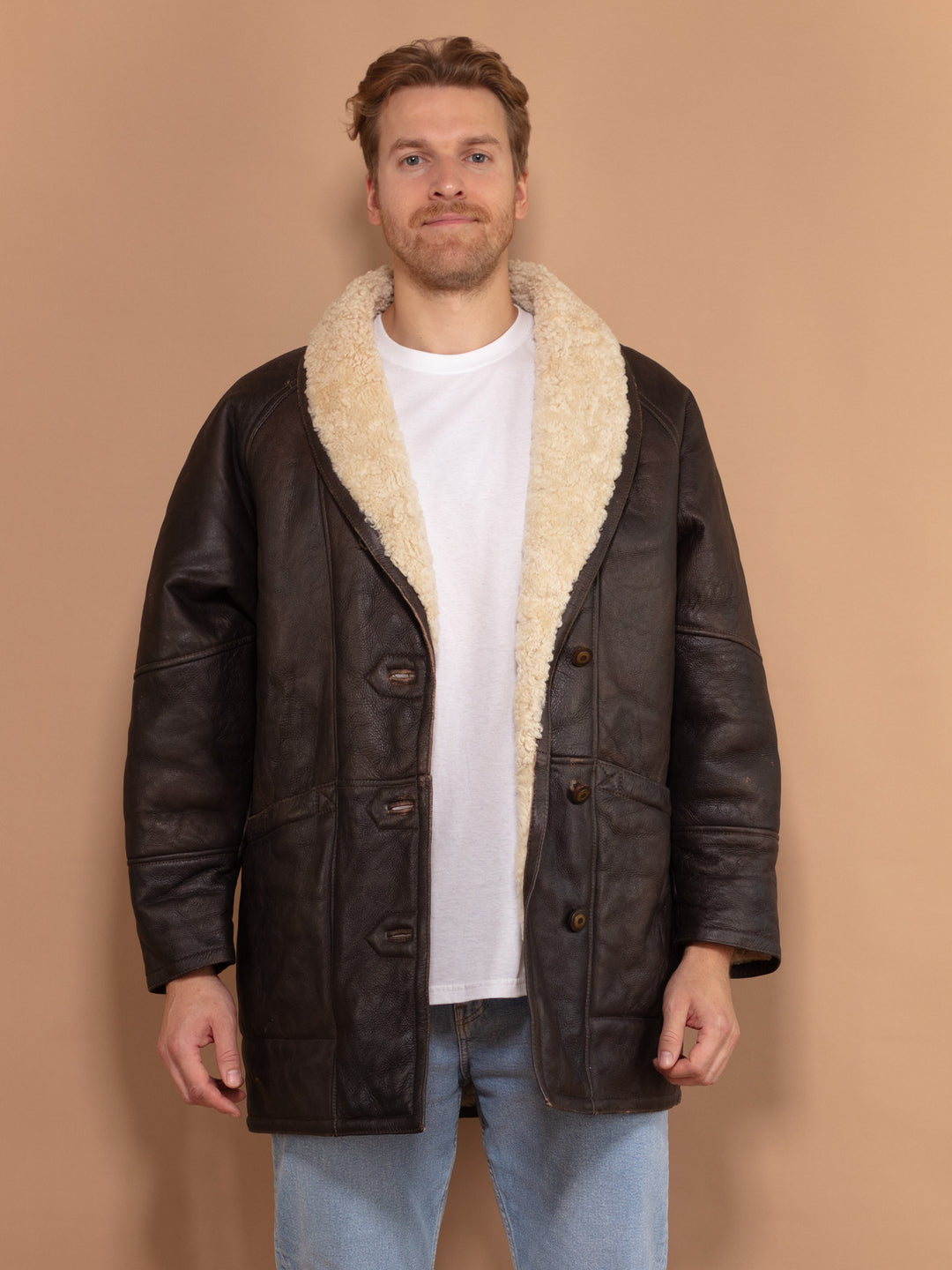 Vintage 80's Men Sheepskin Coat in Brown - NorthernGrip
