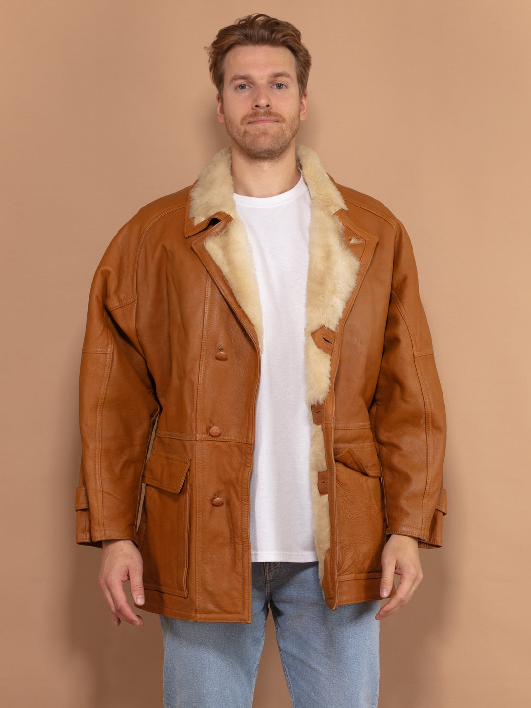Vintage 80's Men Sheepskin Coat in Brown - NorthernGrip