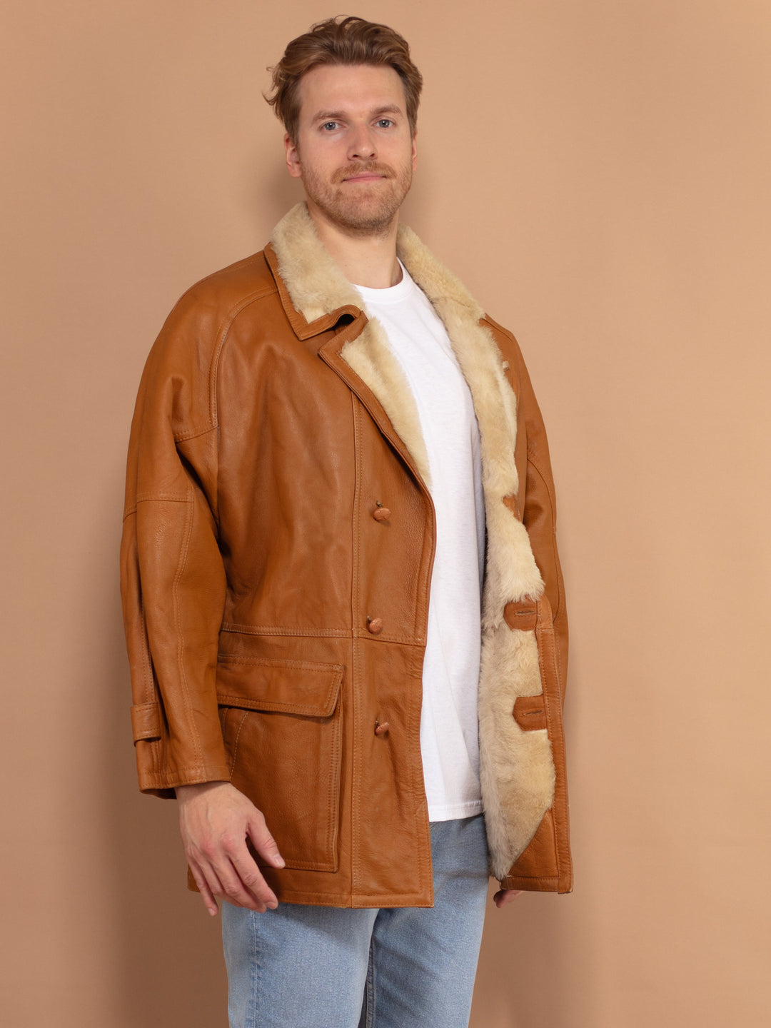 Vintage 80's Men Sheepskin Coat in Brown - NorthernGrip