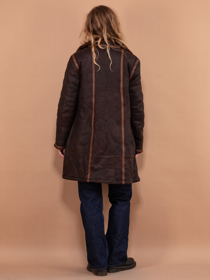 Vintage 90's Women Sheepskin Shearling Coat in Brown - NorthernGrip