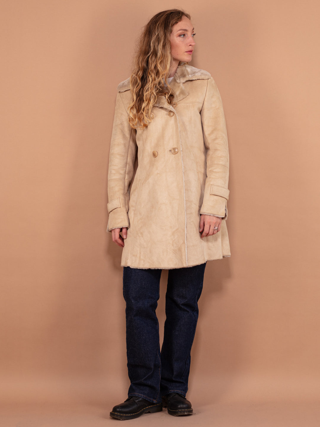 Vintage 00's Faux Sheepskin Coat in Beige - NorthernGrip