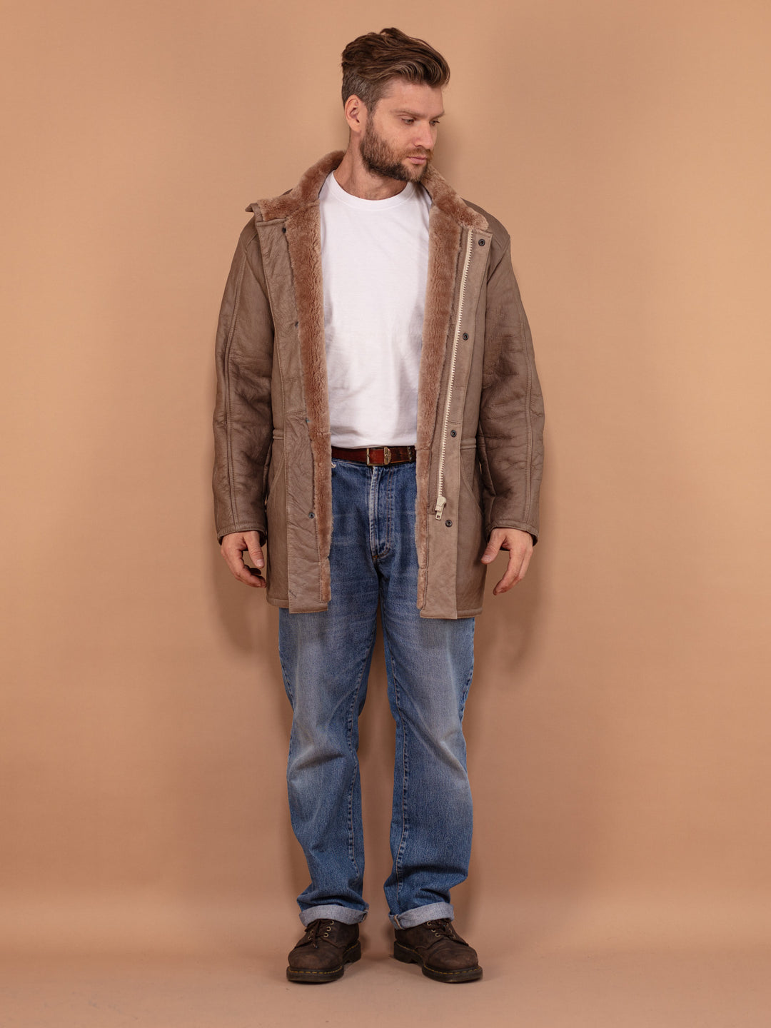 Vintage 70's Men Sheepskin Leather Coat in Beige - NorthernGrip