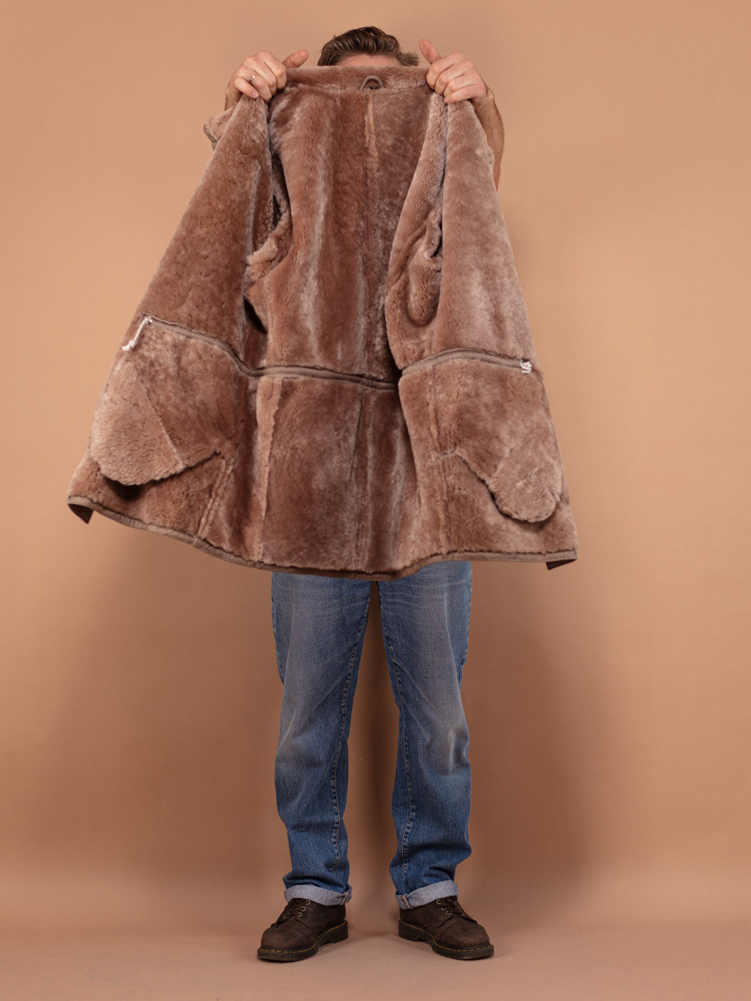 Vintage 70's Men Sheepskin Leather Coat in Beige - NorthernGrip