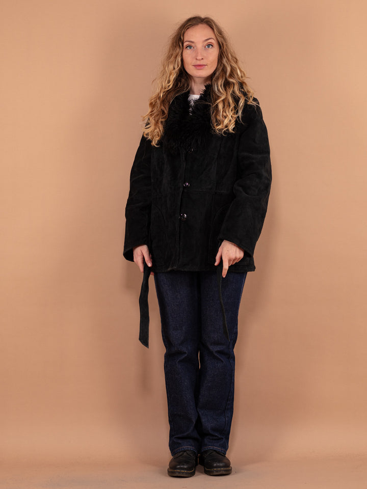 Vintage 70's Women Suede Sherpa Coat in Black - NorthernGrip