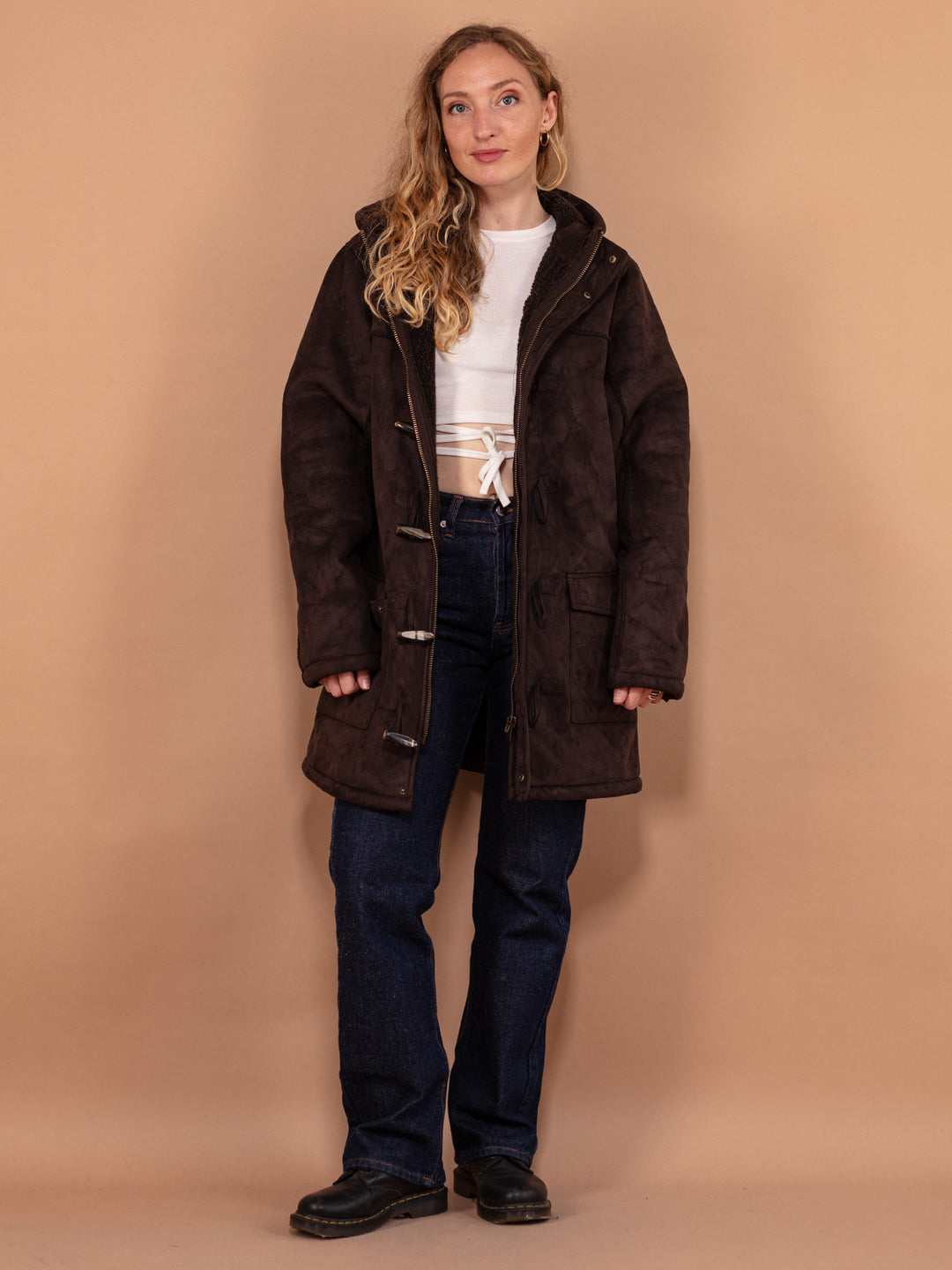 Vintage 90's Hooded Faux Sheepskin Coat in Brown - NorthernGrip