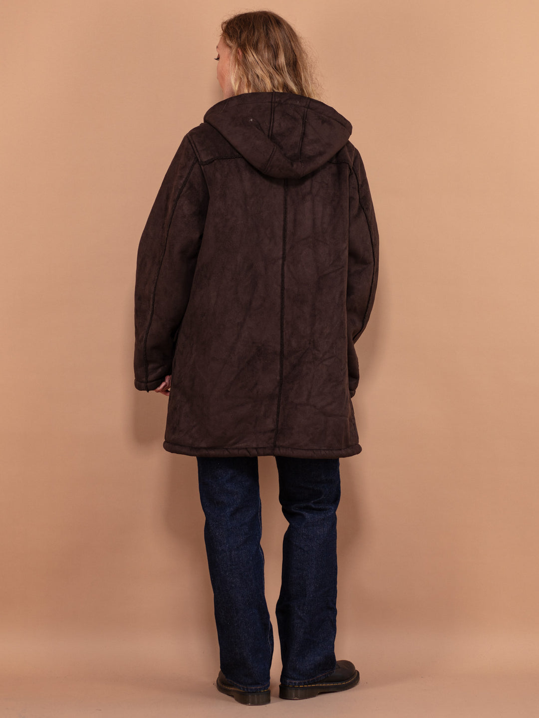 Vintage 90's Hooded Faux Sheepskin Coat in Brown - NorthernGrip