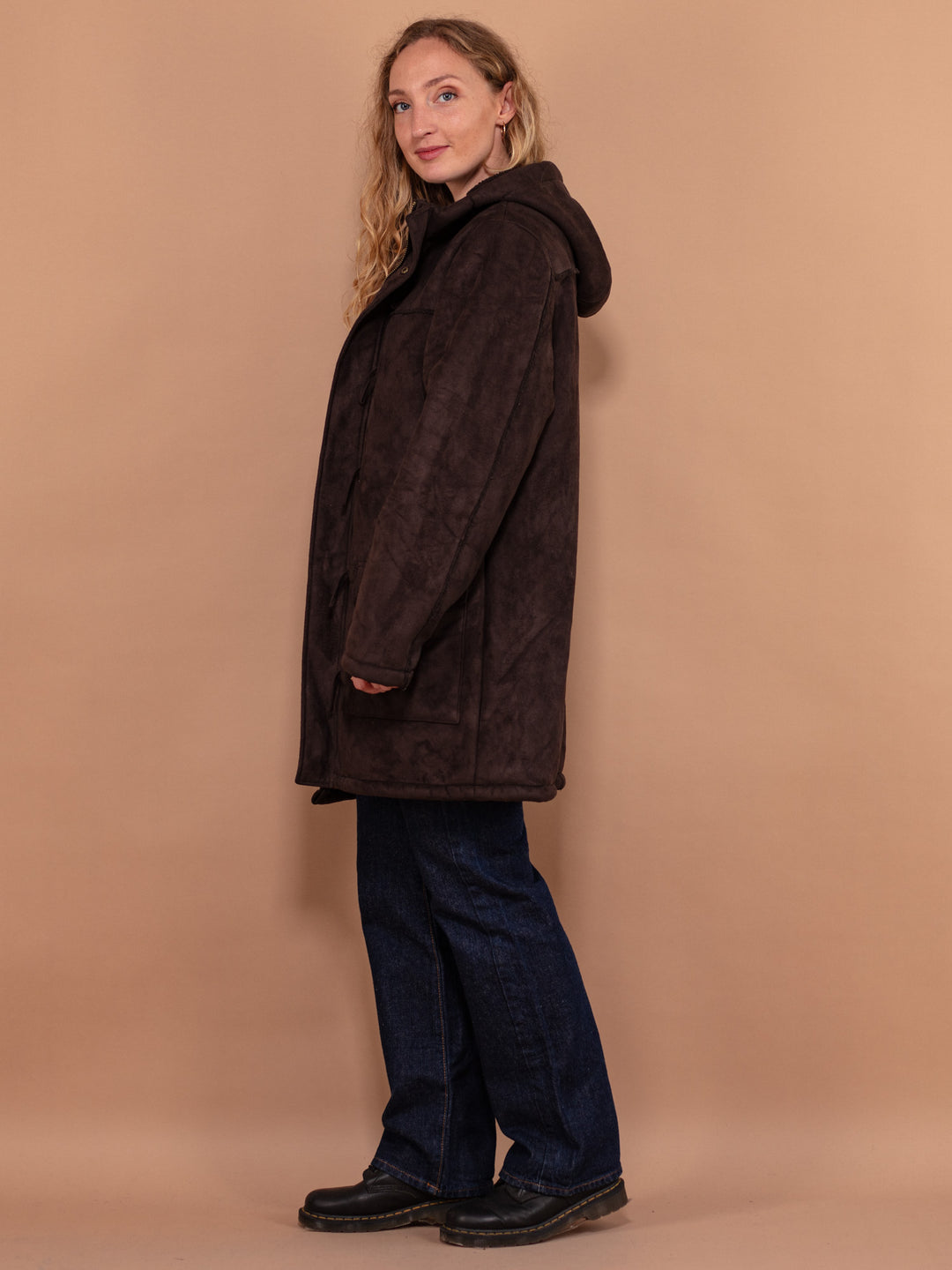 Vintage 90's Hooded Faux Sheepskin Coat in Brown - NorthernGrip