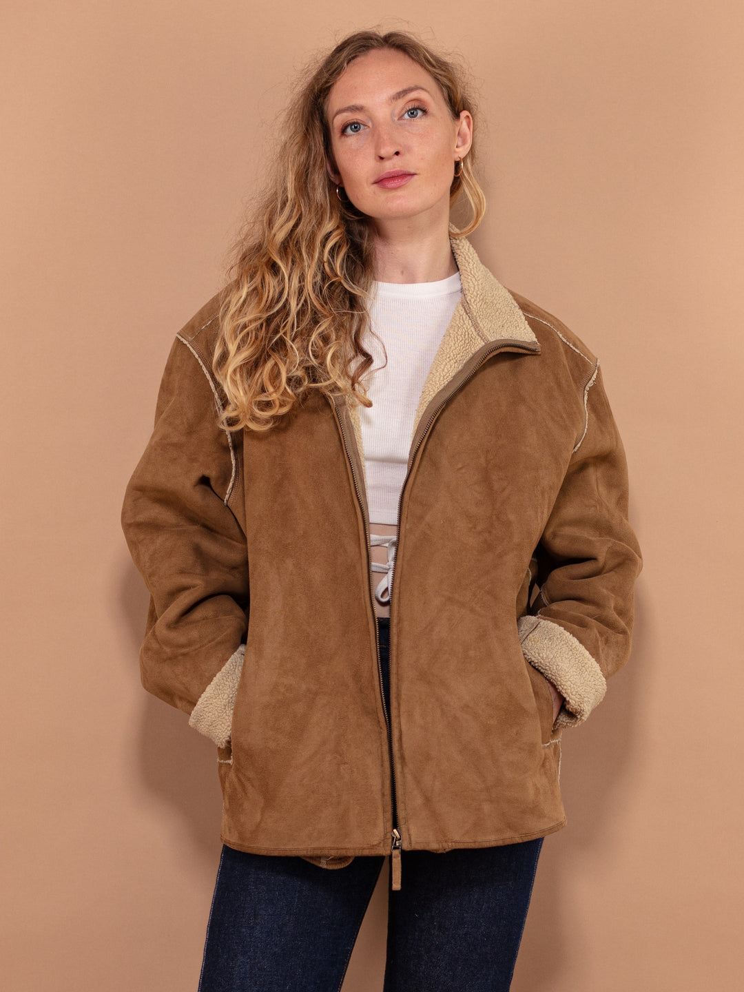 Vintage 00's Faux Sheepskin Coat in Brown - NorthernGrip
