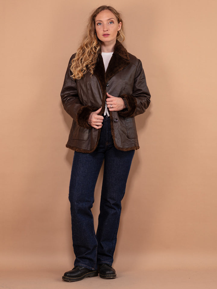Vintage 90's Women Faux Sheepskin Jacket in Brown - NorthernGrip