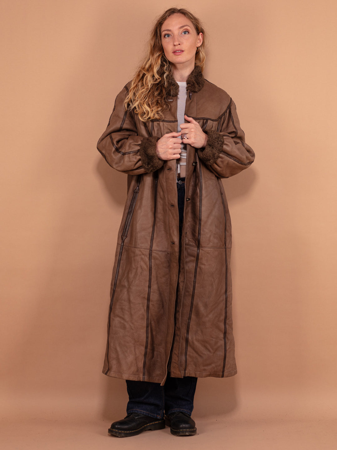 Vintage 80's Women Sheepskin Maxi Coat in Brown - NorthernGrip