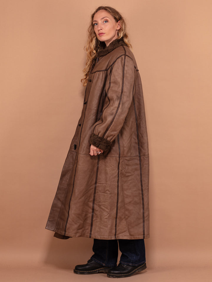 Vintage 80's Women Sheepskin Maxi Coat in Brown - NorthernGrip