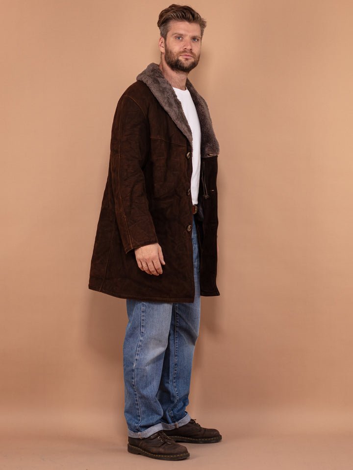 Vintage 80's Men Sheepskin Suede Coat in Brown - NorthernGrip