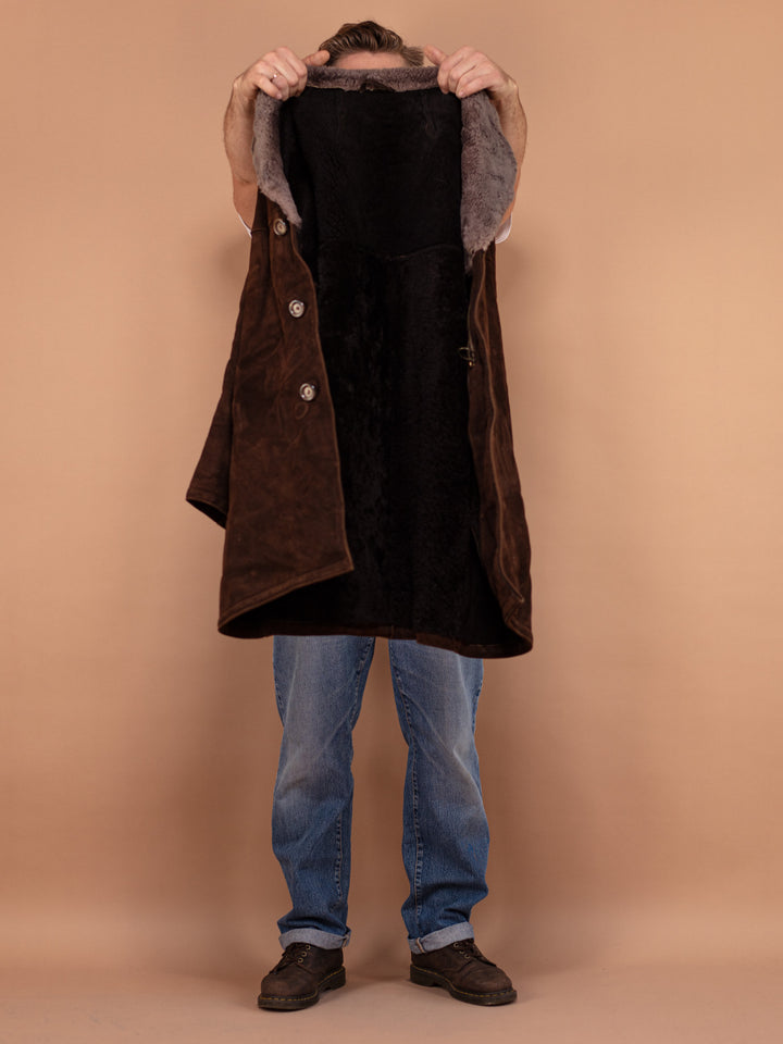 Vintage 80's Men Sheepskin Suede Coat in Brown - NorthernGrip