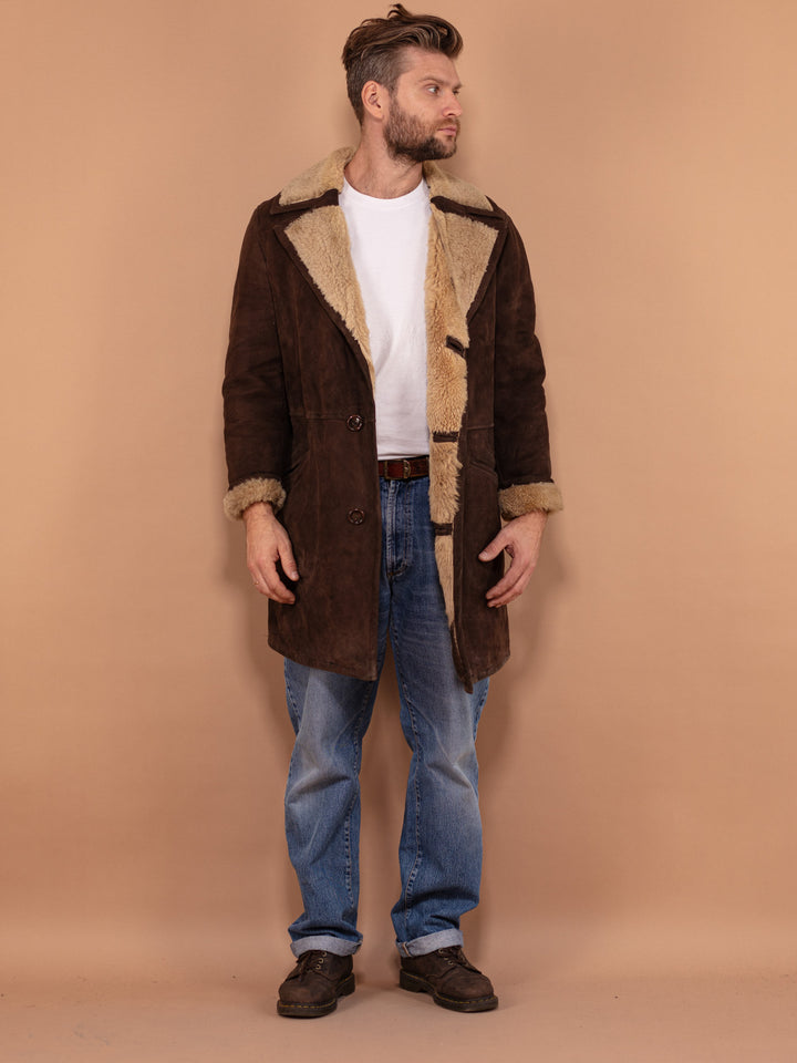 Vintage 70's Men Sheepskin Suede Coat in Brown - NorthernGrip