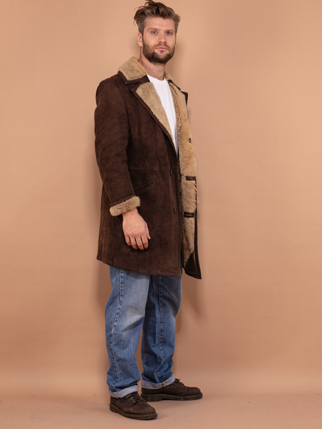 Vintage 70's Men Sheepskin Suede Coat in Brown - NorthernGrip