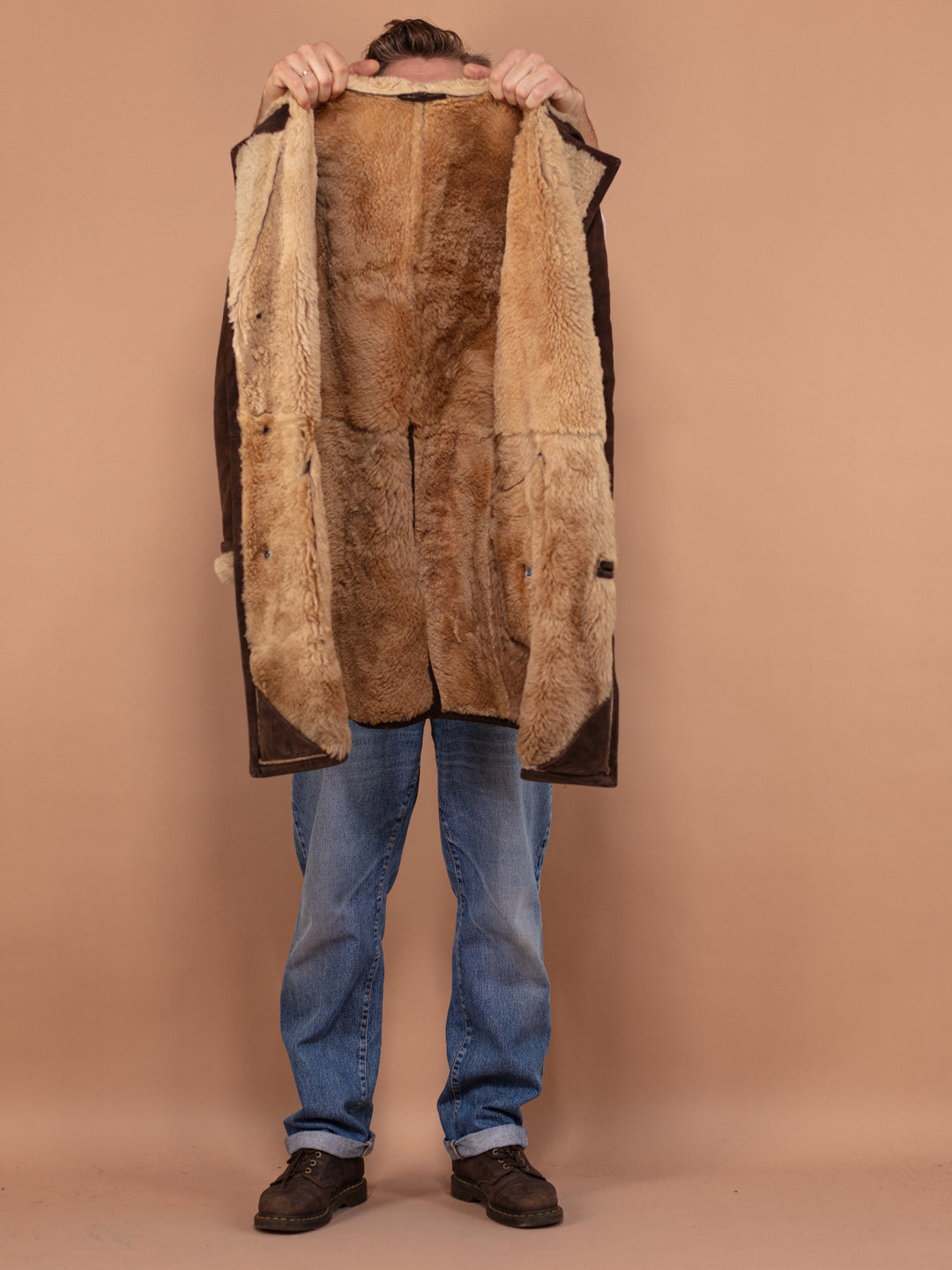 Vintage 70's Men Sheepskin Suede Coat in Brown - NorthernGrip