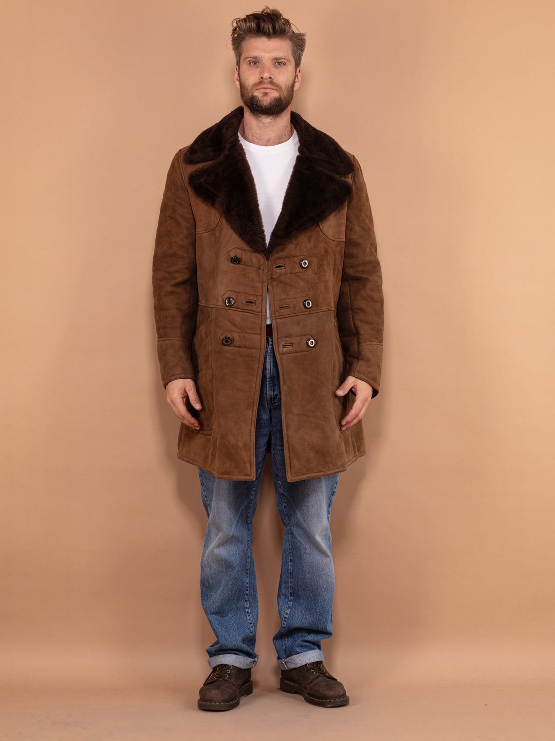 Vintage 70's Men Sheepskin Coat in Brown - NorthernGrip