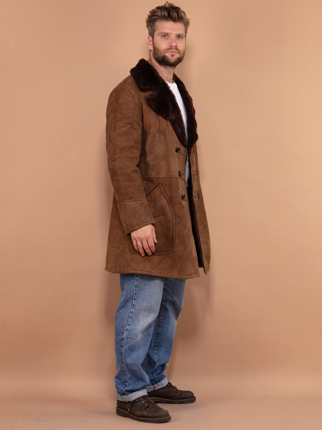 Vintage 70's Men Sheepskin Coat in Brown - NorthernGrip