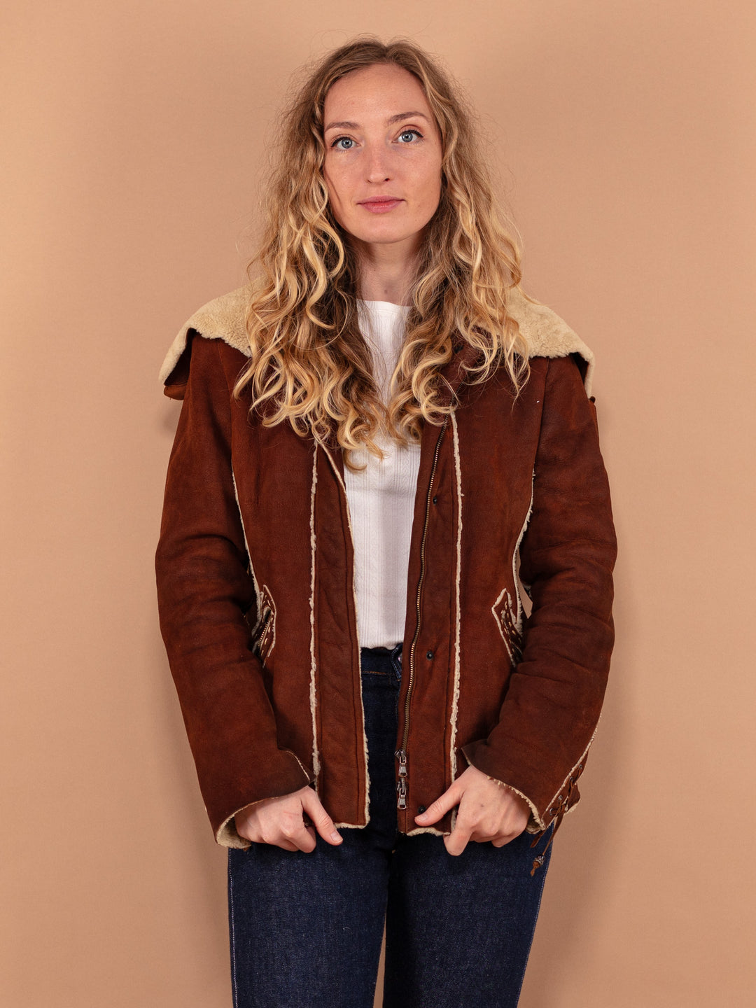Vintage 70's Women Sheepskin Jacket in Brown - NorthernGrip