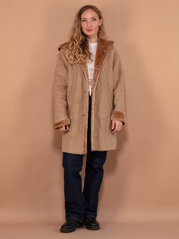 Vintage 90's Faux Sheepskin Coat in Beige - NorthernGrip